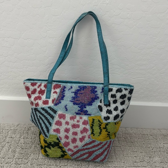 Fully beaded multicolor patchwork mini tote bag pattern zip top European - Picture 2 of 12